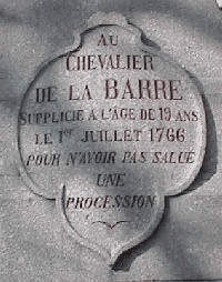 Inscription sur la statue du chevalier de la Barre