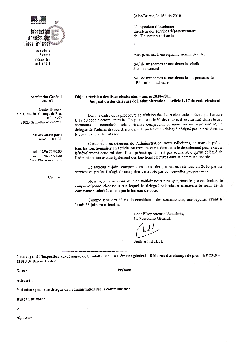 Demande de délégués de l'administration